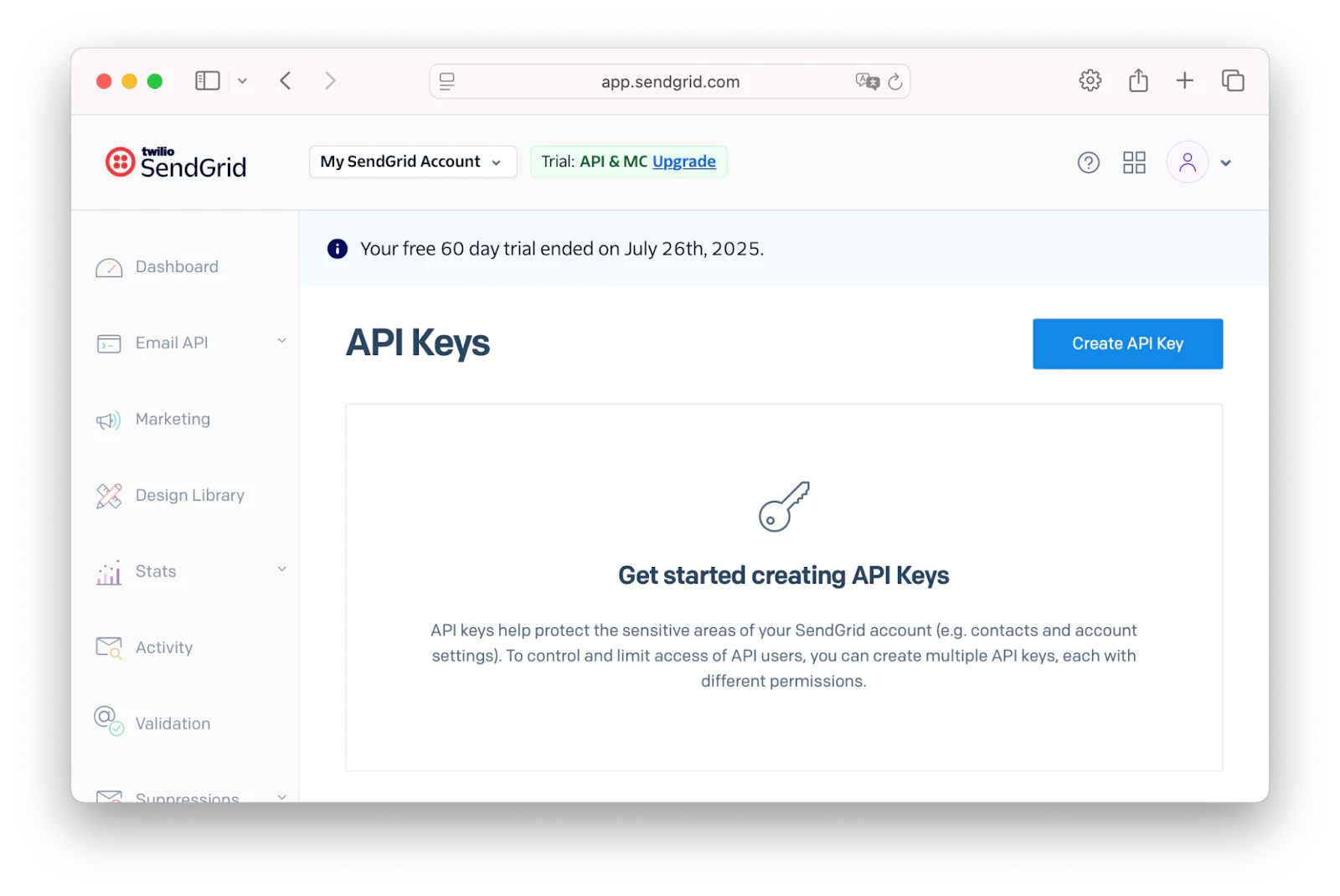 SendGrid dashboard showing the API Keys section with an option to create a new API key.