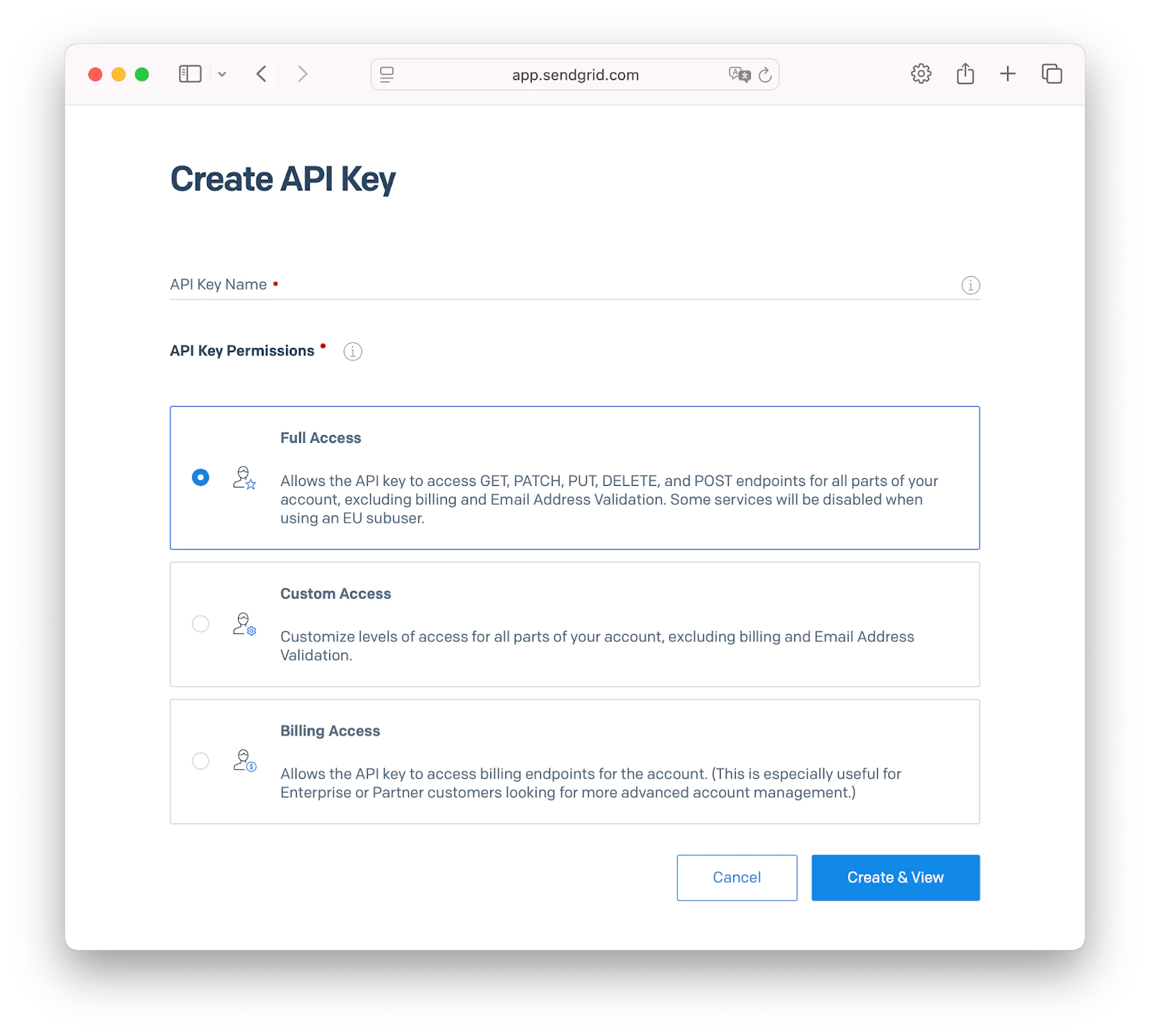 SendGrid interface for creating a new API key with options for Full Access, Custom Access, and Billing Access.