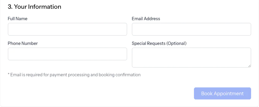 Online form requesting full name, email address, phone number, and special requests to book an appointment.