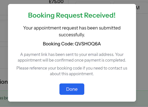 Screenshot of a booking confirmation message with a booking code and payment instructions.
