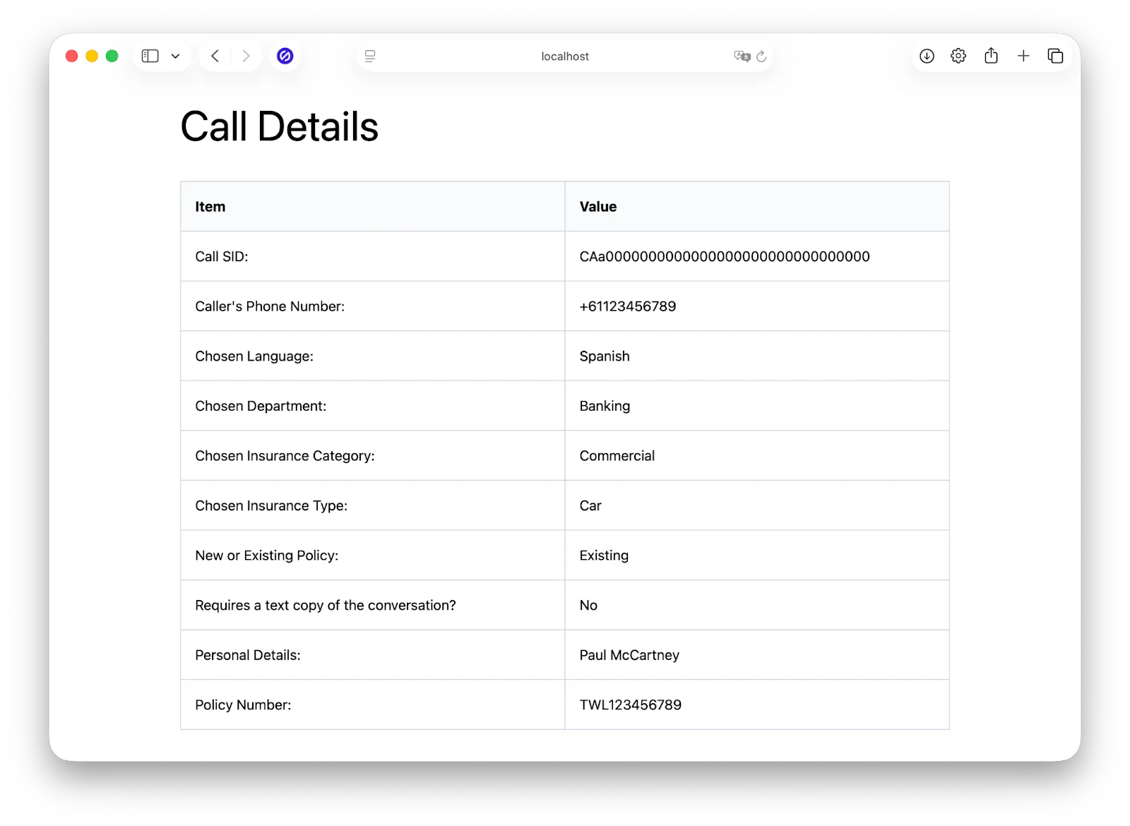 A screen showing detailed call information including call SID, phone number, language, and insurance details.