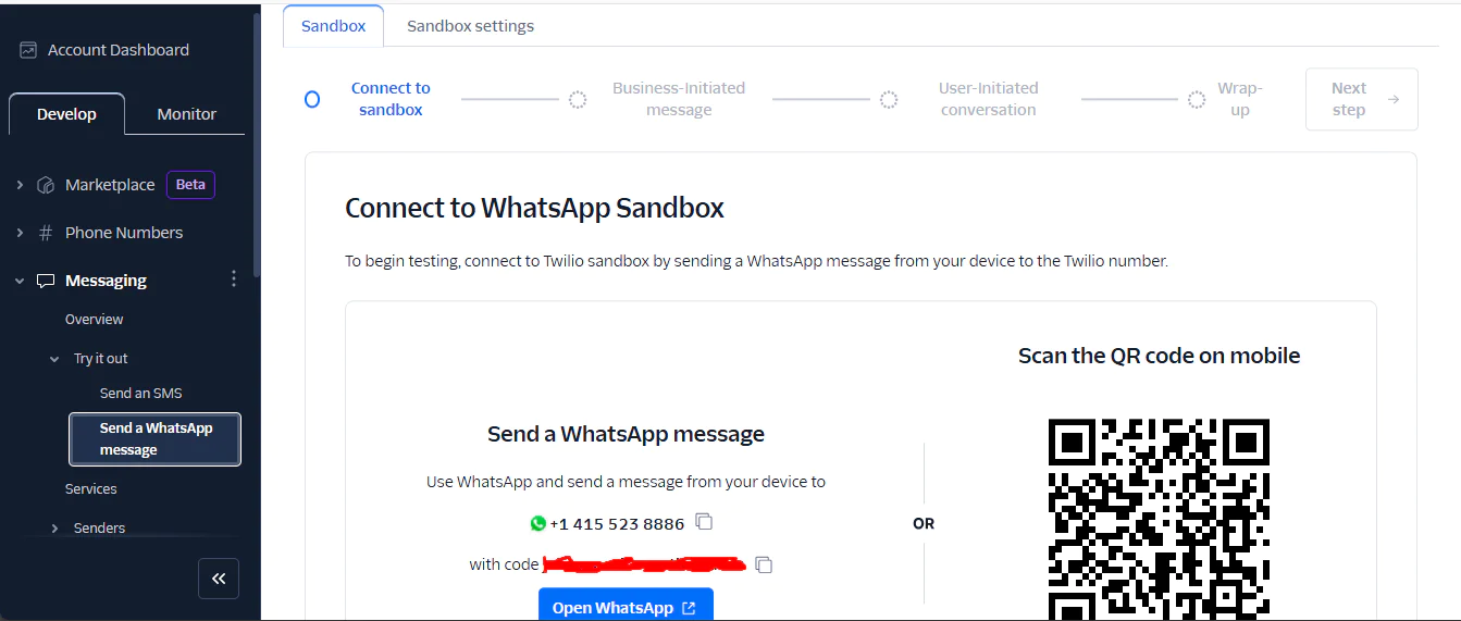 Twilio dashboard showing steps to connect to WhatsApp Sandbox with QR code and phone number for sending messages. Configuring WhatsApp sandbox on Twilio console