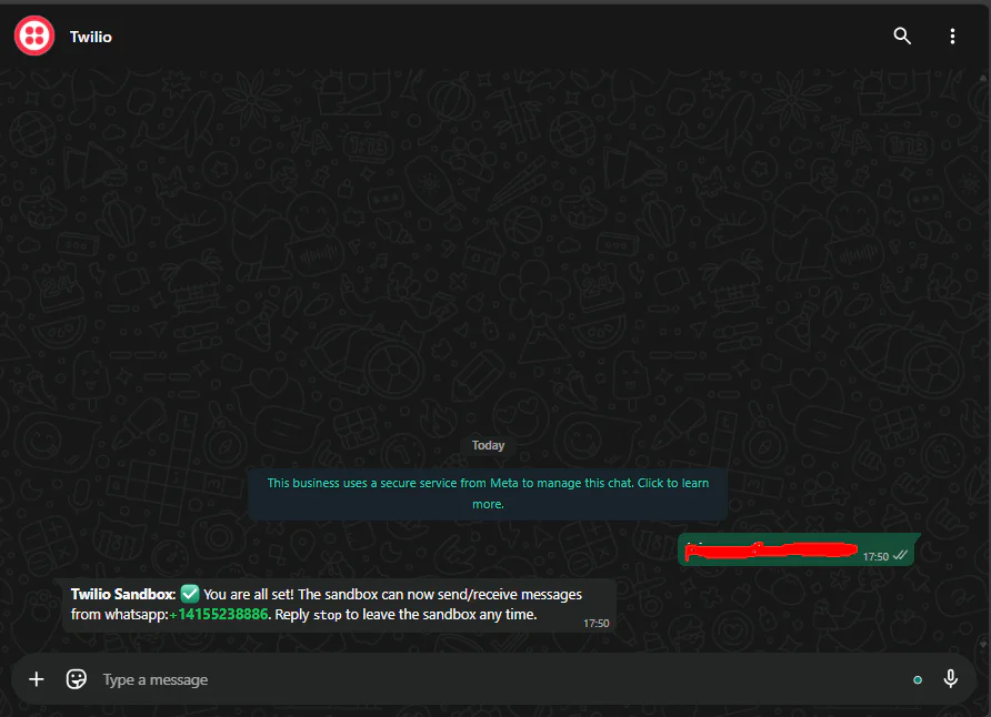 Twilio Sandbox interface message screen showing setup completion for WhatsApp number. Verifying a WhatsApp number with the Twilio sandbox