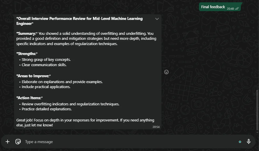 Feedback on Mid-Level Machine Learning Engineer Interview Performance Text summarizing the performance review for a mid-level ML engineer, highlighting strengths and areas to improve.