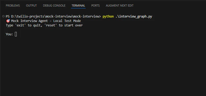 Terminal interface showing a Python script prompting for input in mock interview test mode. Input Prompt on the terminal that shows the agent is ready to interact with the user