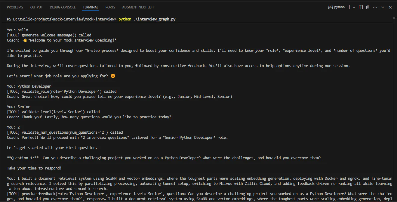Terminal window showing the execution of a Python script for generating mock interview questions. Results of testing the Mock interview agent on the terminal