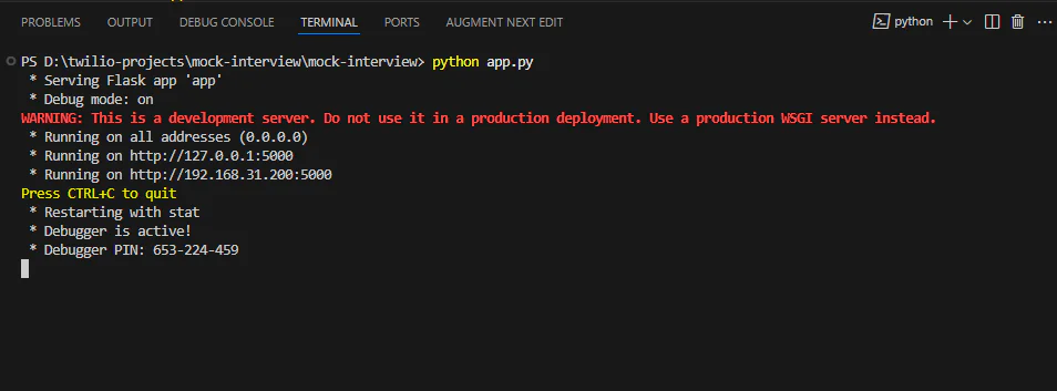 Terminal window displaying a running Flask development server with IP and port information. A flask development server starting on the terminal
