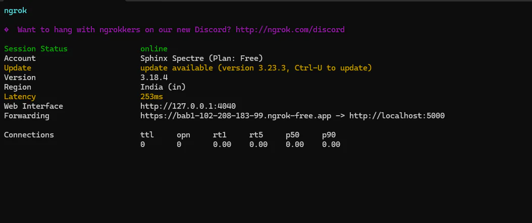 Screenshot of ngrok command-line interface showing session status, version update, and connection information. Ngrok running on the terminal