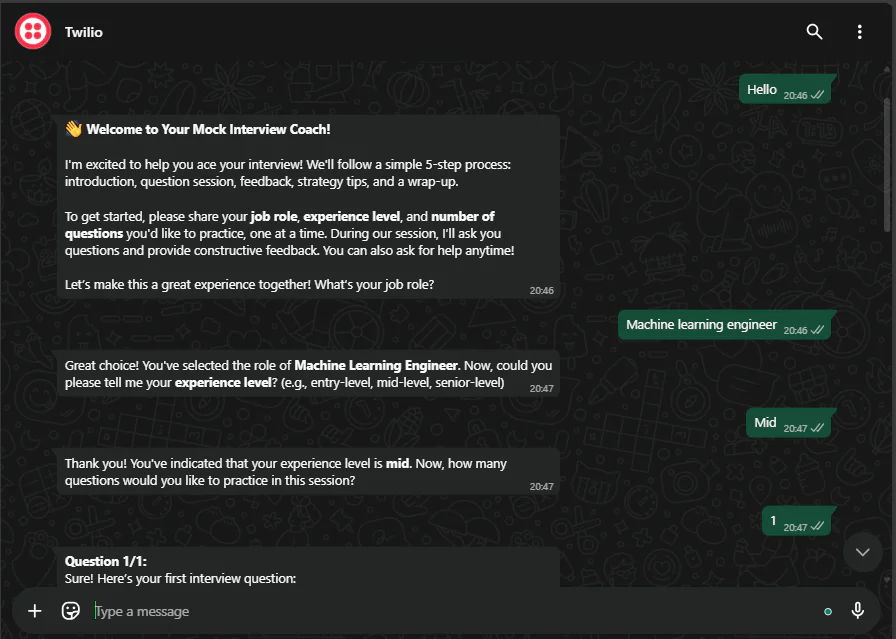 Mock Interview Coaching Chat for Machine Learning Engineer Mock interview chat interface