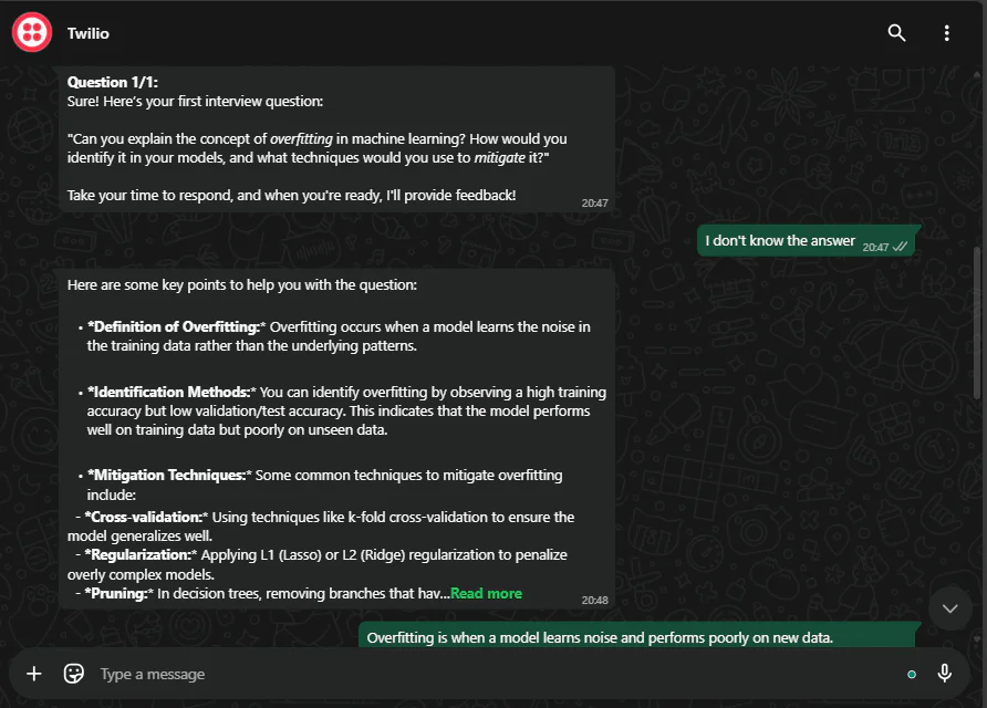 Screenshot of a Twilio chat discussing overfitting in machine learning, showing questions and responses. Results of interacting with the mock interview agent