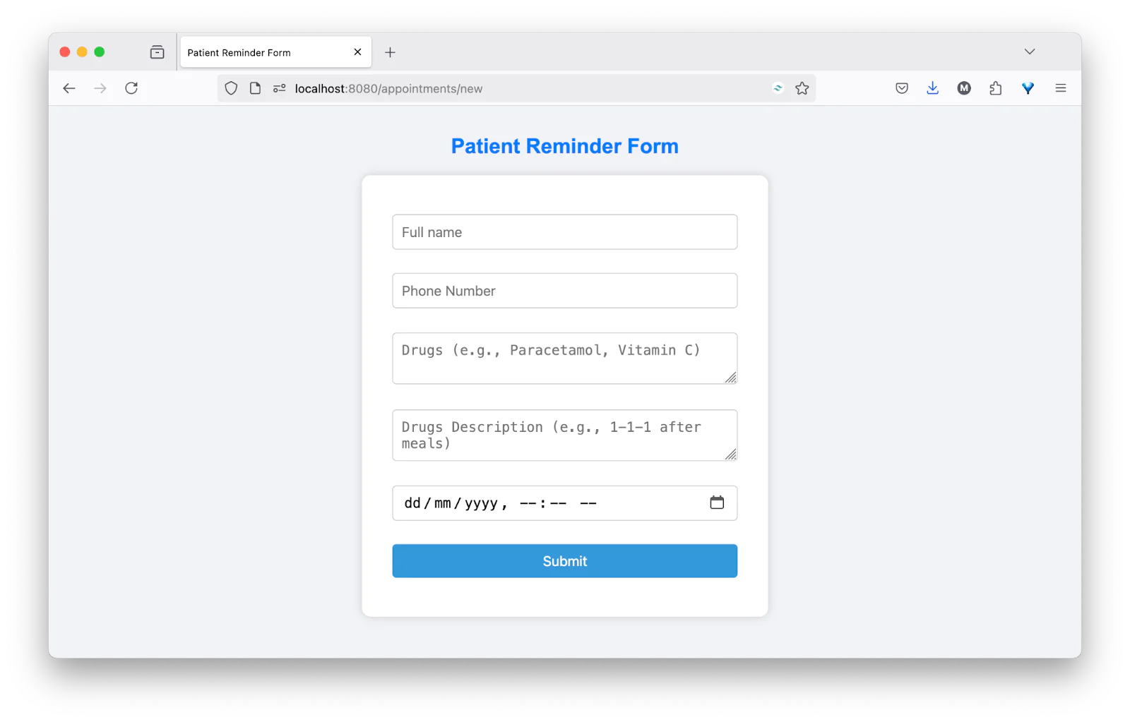 Web form titled Patient Reminder Form with fields for name, phone, drugs, description, and date.