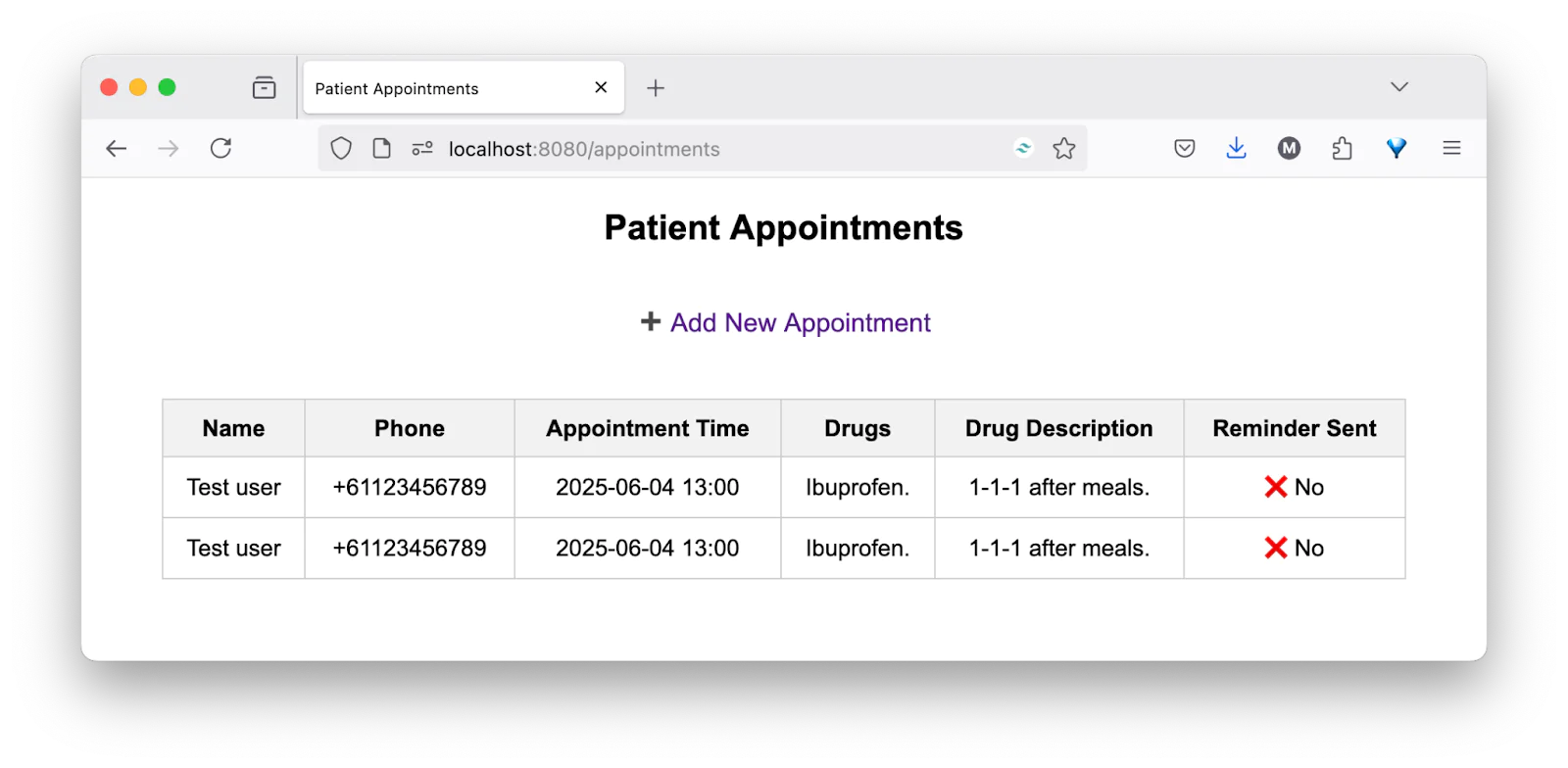 Patient appointment management screen showing appointment details and reminder status.