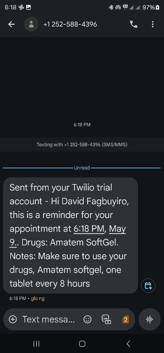 Reminder received as sms