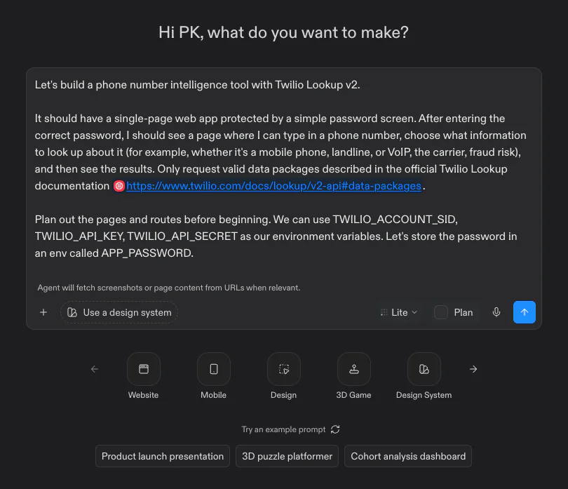 Instructions for building a phone number intelligence tool using Twilio Lookup v2 displayed on a digital interface.