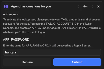 Dialog box requesting Twilio credentials and password for app setup with options to Decline or Submit.