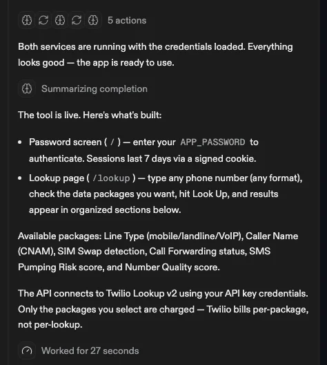 A tool summary detailing password screen, lookup page, risk information, and API connection to Twilio Lookup.