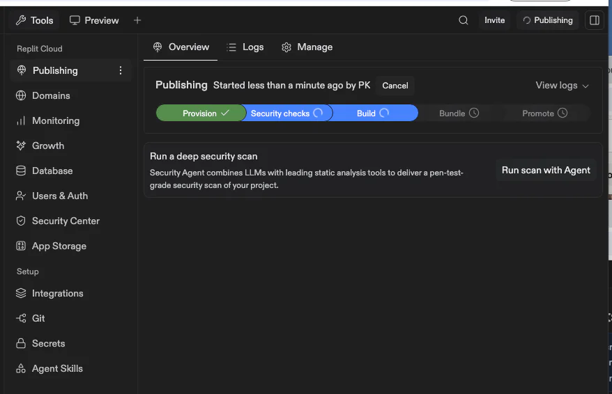 Screenshot of a security scan being run in a cloud management tool, showing options and status updates.