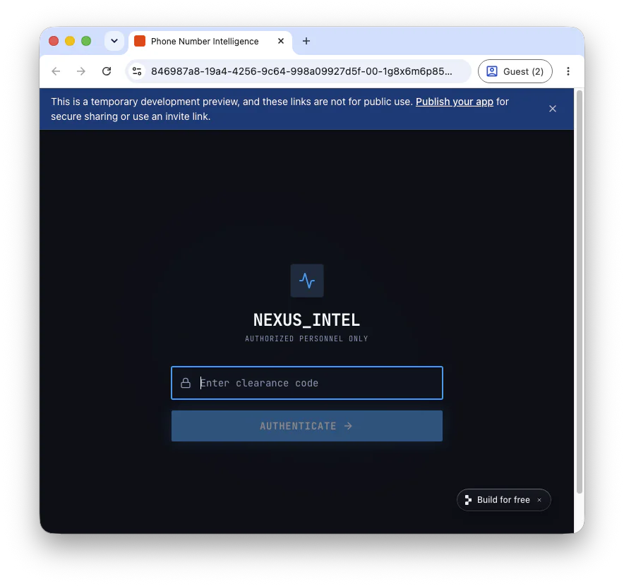 A secure login screen for Nexus_Intel requiring clearance code for authentication access.