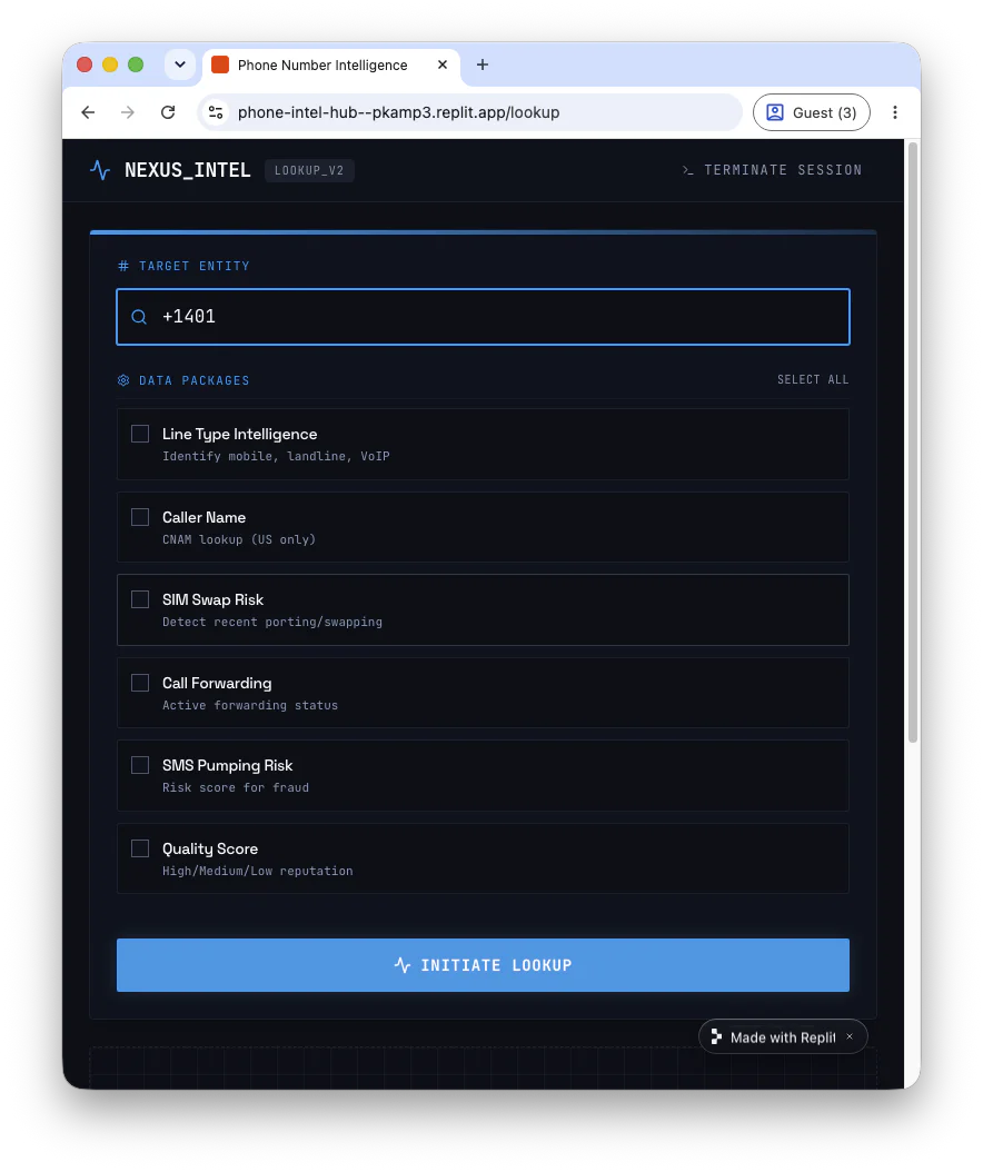 Screenshot of phone number intelligence lookup tool with various selectable data packages and initiate lookup button.
