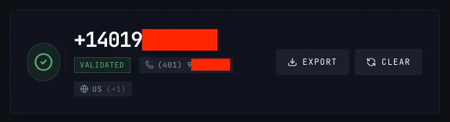 Screenshot of a phone number validation interface showing a US number and validation status.