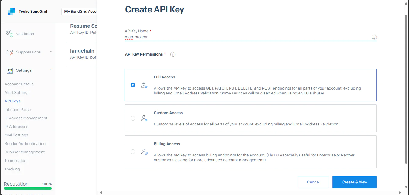 Naming of an API key and choosing the API scope  in SendGrid Dashboard