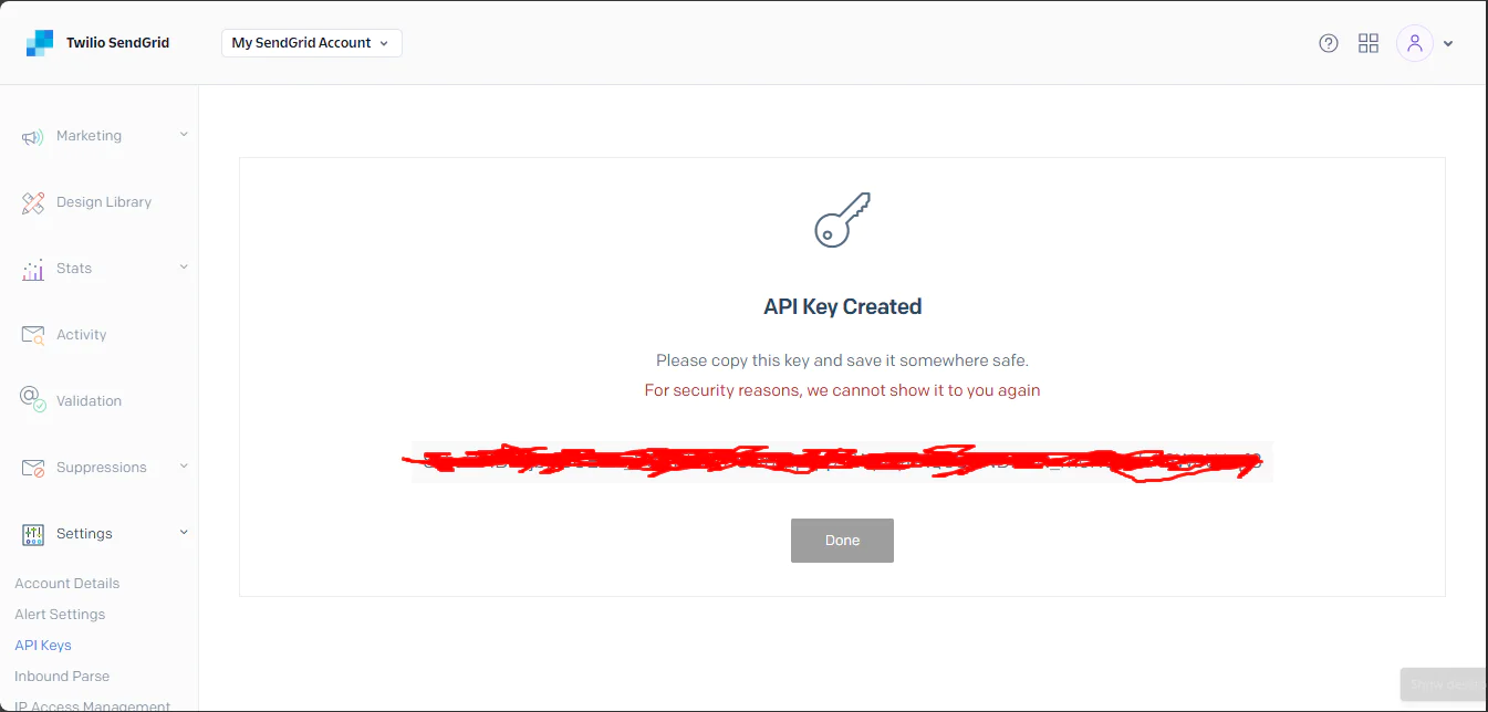 SendGrid Dashboard Page showing a created API Key