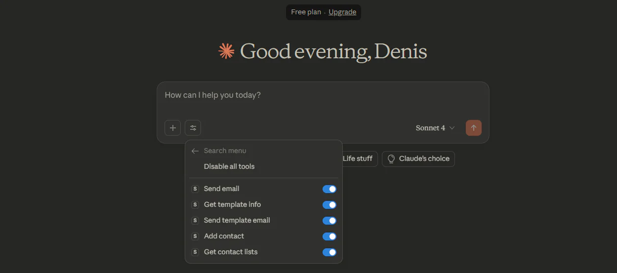 Claude desktop showing the tools available from the sendgrid-mcp server