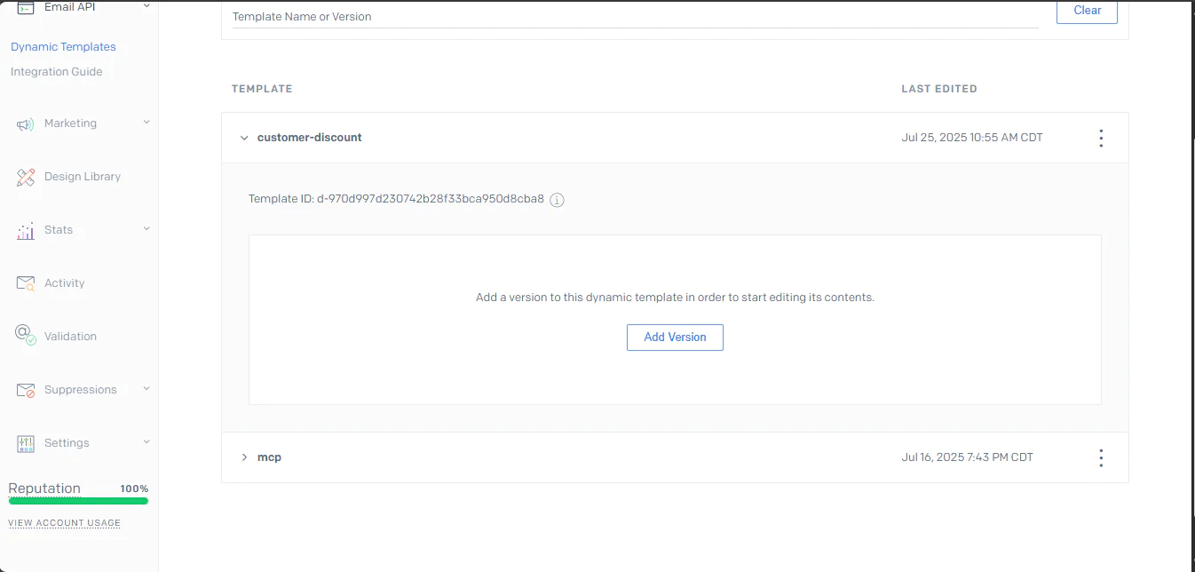 SendGrid dynamic template details page