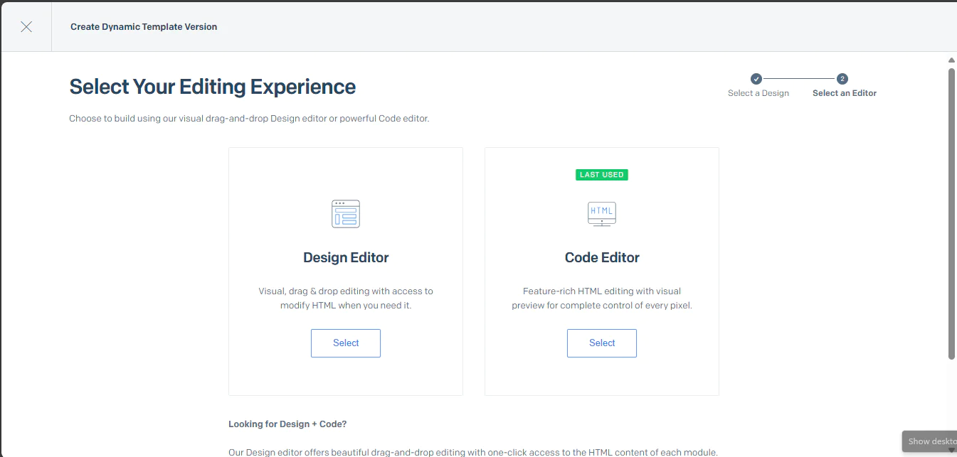 Choosing an editing experience for the SendGrid dynamic template 