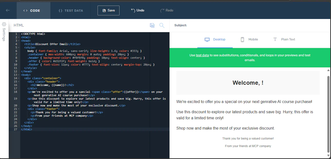 SendGrid's dynamic template with sample template code
