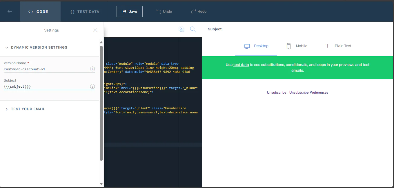 Setting the SendGrid's dynamic template version settings
