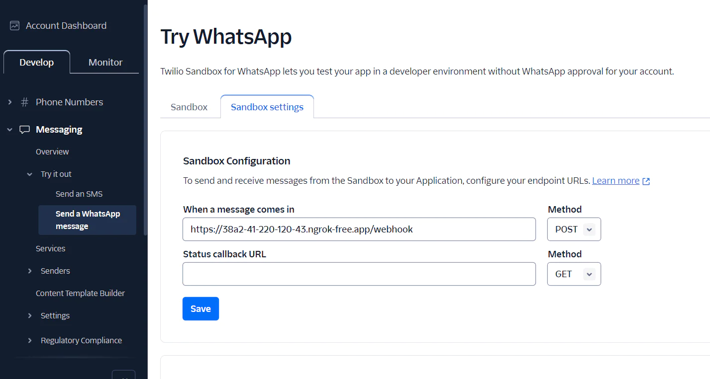 Twilio Sandbox settings for WhatsApp, showing webhook configuration fields for POST and GET methods. WhatsApp Sandbox