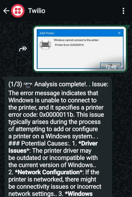 Twilio message analyzing printer connection error with code 0x0000011b Twilio message analyzing printer connection error with code 0x0000011b