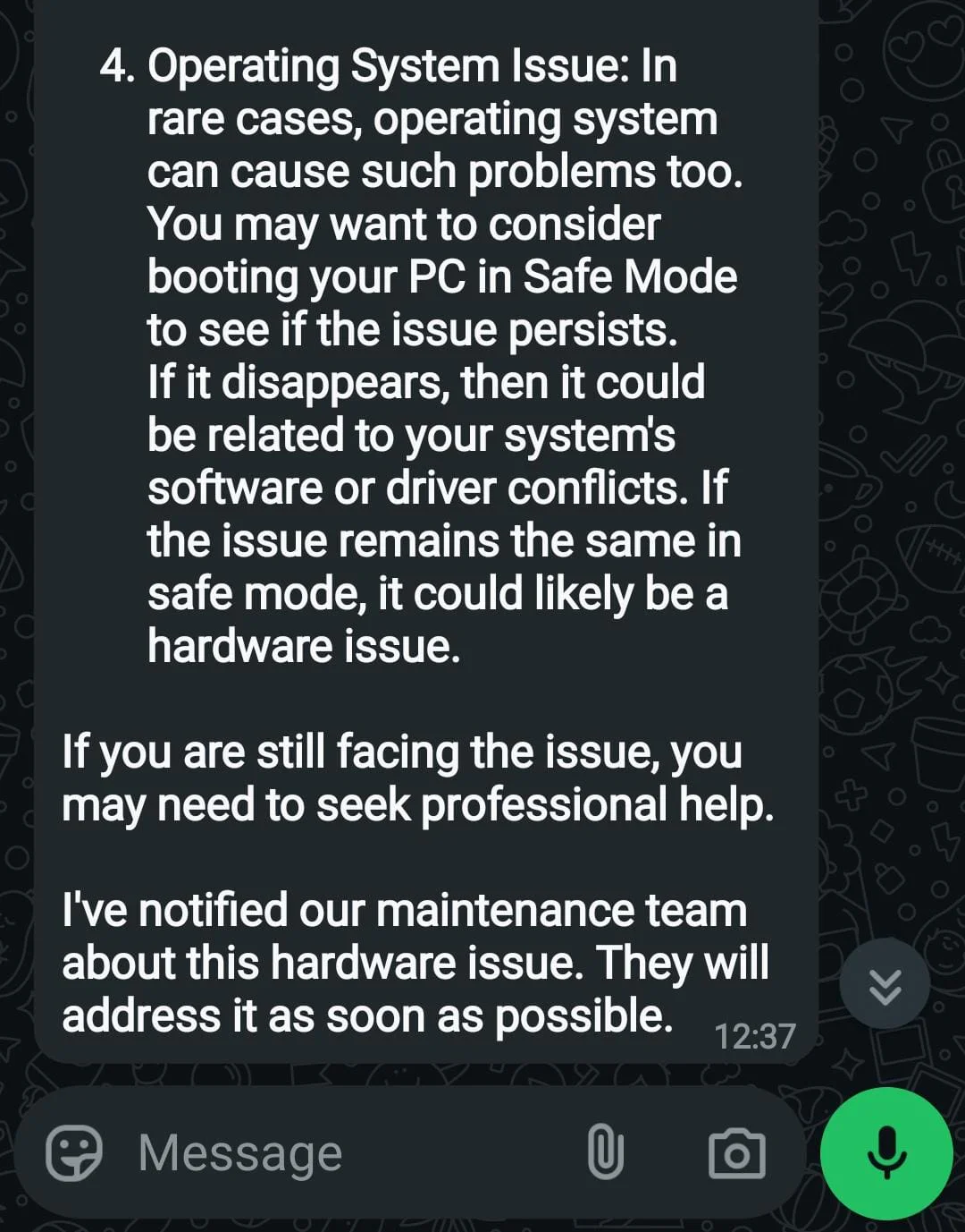 A message detailing steps to troubleshoot operating system problems on a computer in Safe Mode. A message detailing steps to troubleshoot operating system problems on a computer in Safe Mode.