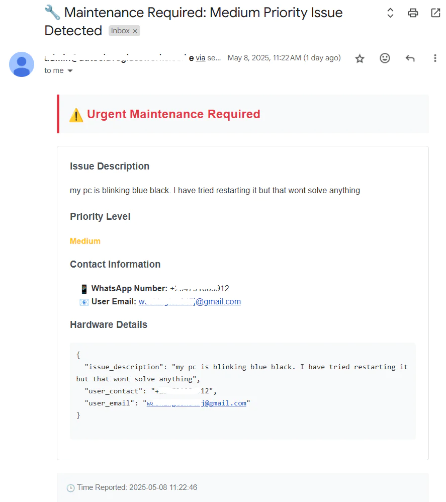 Email with subject Maintenance Required about a pc blinking blue, marked as medium priority. Email with subject Maintenance Required about a pc blinking blue, marked as medium priority.