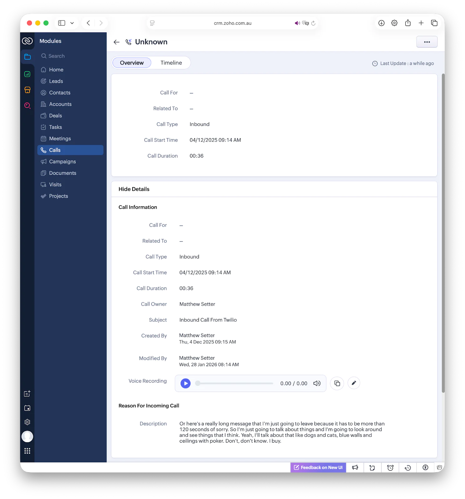 CRM interface showing call details, duration, and a voice recording with transcription.