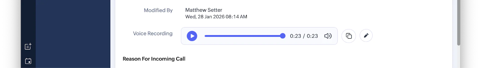Screenshot of an audio recording interface showing modification details by Matthew Setter on Wed, 26 Jan 2026 02