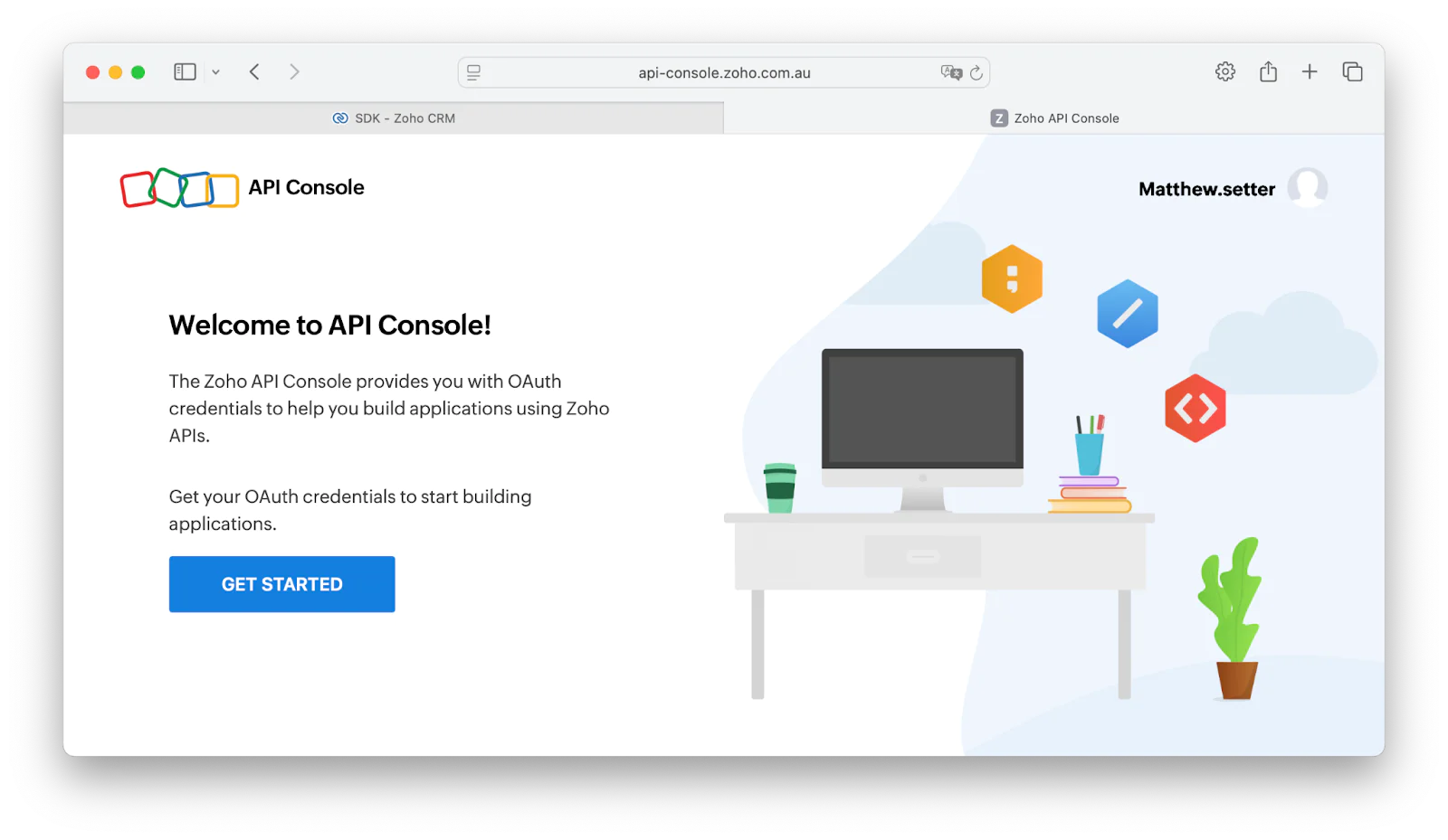 The "Welcome to API Console!" form in Zoho CRM.