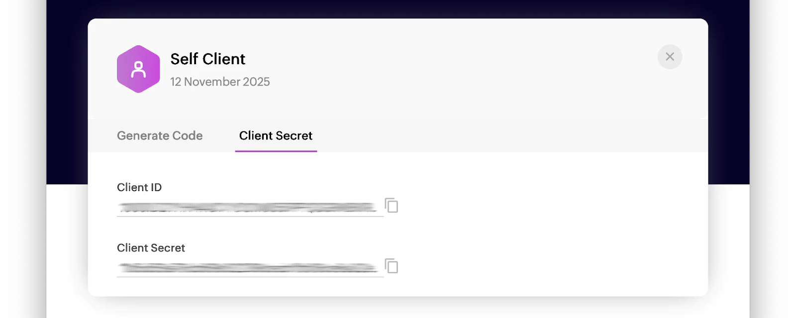 The Self Client popup in Zoho CRM on the Client Secret tab. The Client ID and Client Secret values have been redacted.