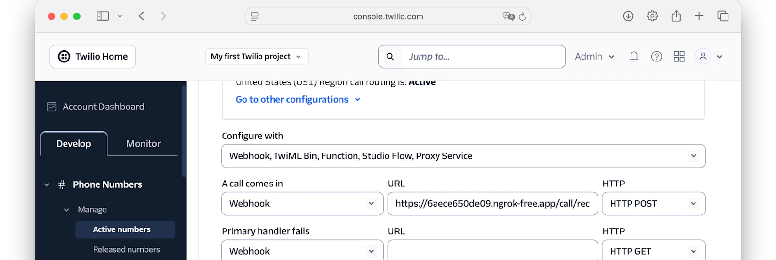 Twilio console interface showing phone number configuration with webhook URL settings and HTTP methods.