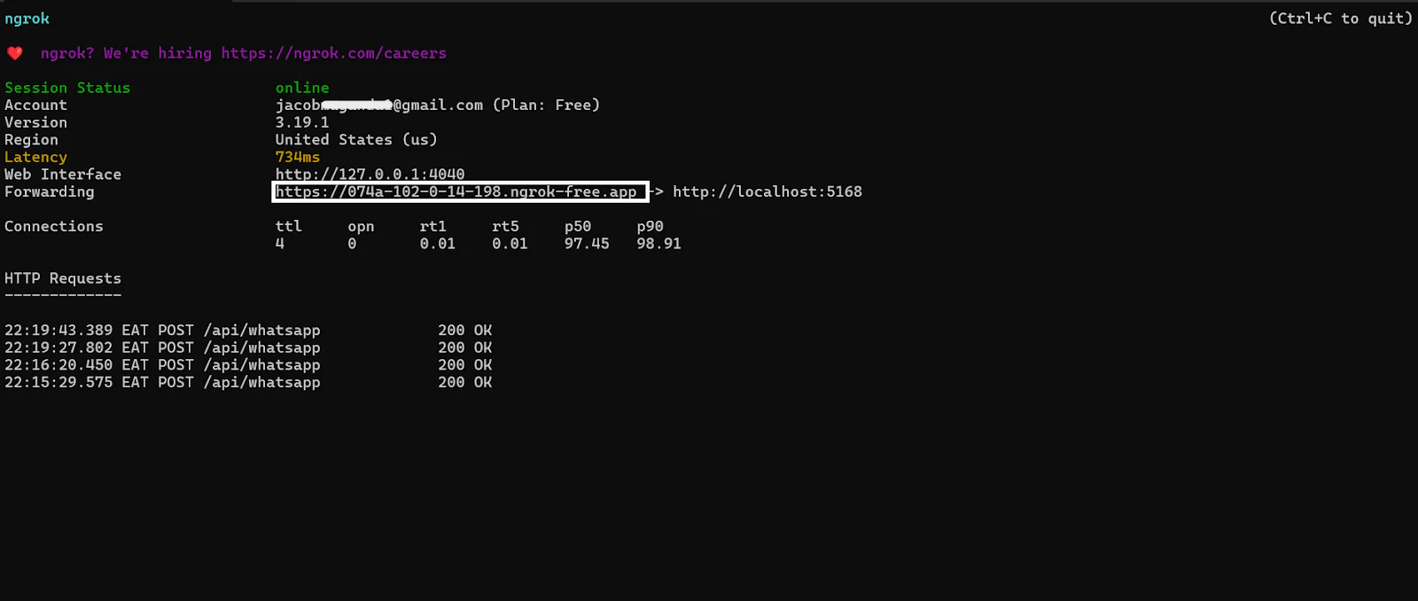 Screenshot of Ngrok session status displaying connection details and HTTP request logs. Ngrok