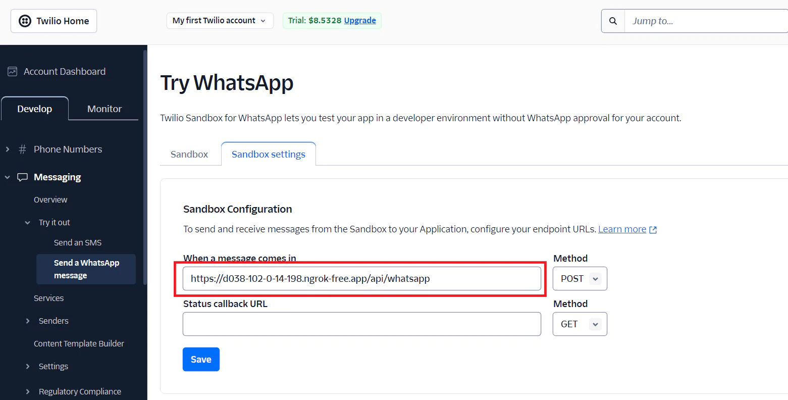 Twilio dashboard showing WhatsApp Sandbox configuration URL and settings. Webhook endpoint