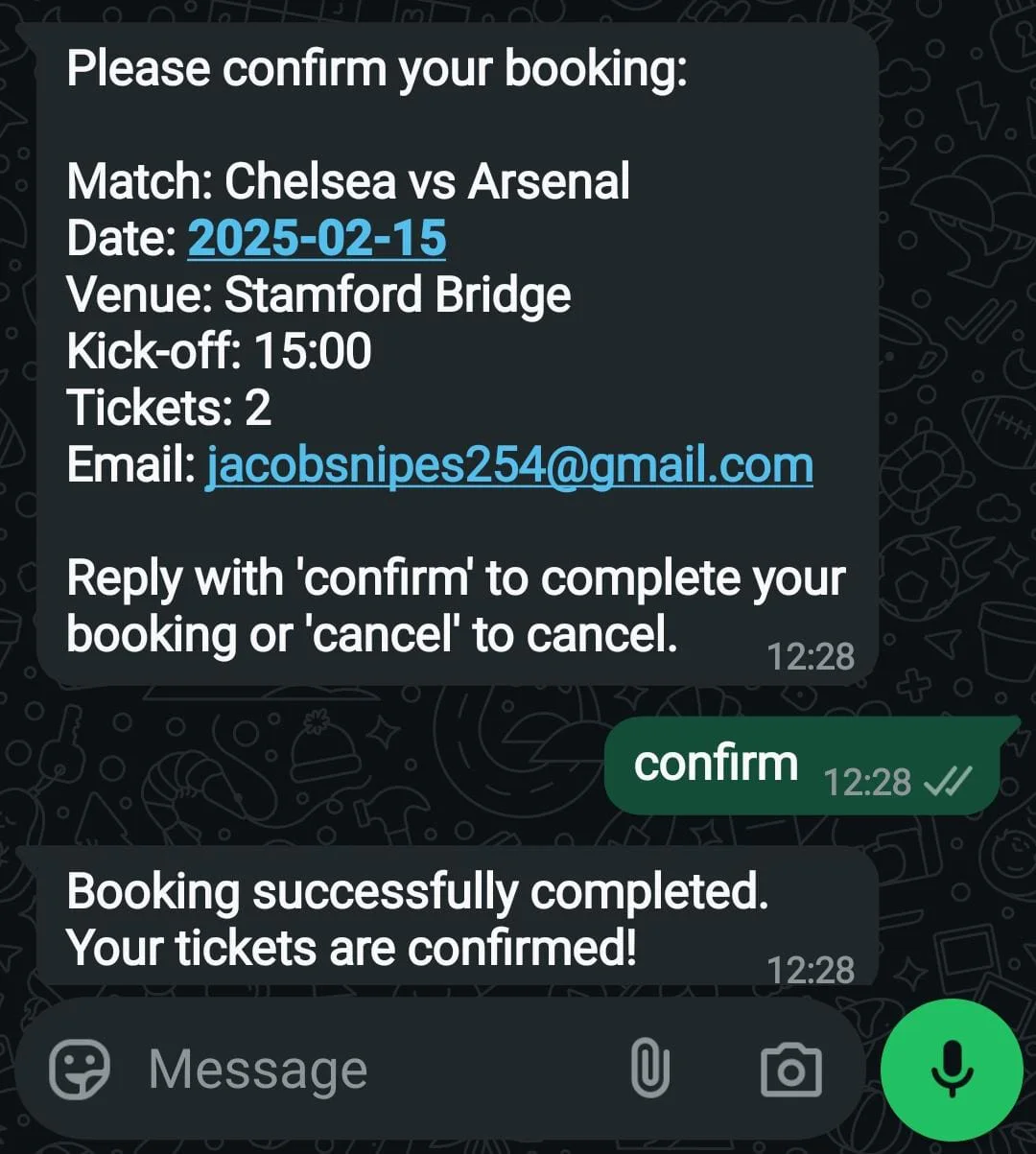 WhatsApp conversation confirming booking for Chelsea vs Arsenal match on 2025-02-15. WhatsApp Successful Booking