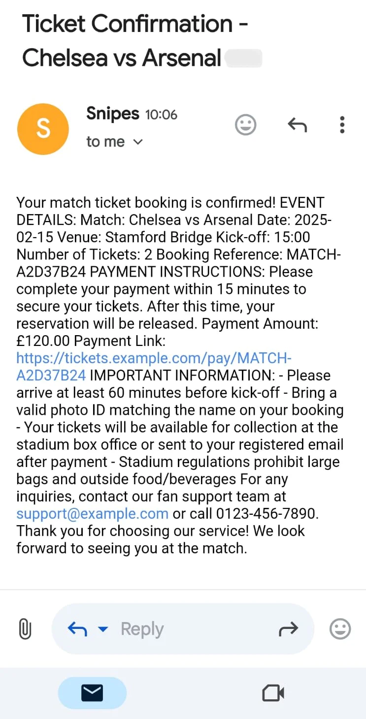 A confirmation email with match details for a Chelsea vs Arsenal ticket purchase Payment Confirmation Email