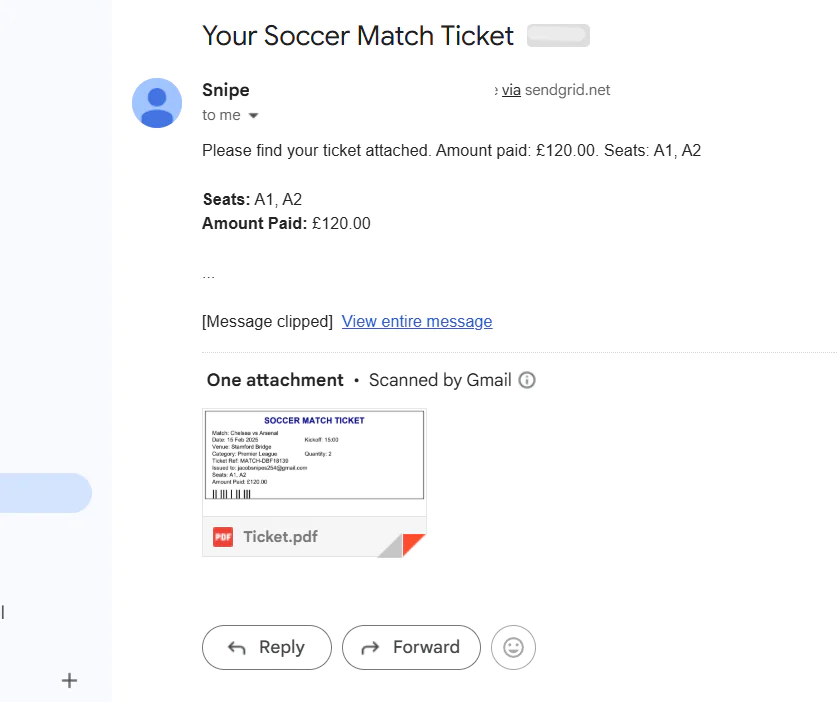 Email from Snipe confirming soccer match ticket purchase, with seats A1 and A2, and attached PDF ticket. Generated Ticket