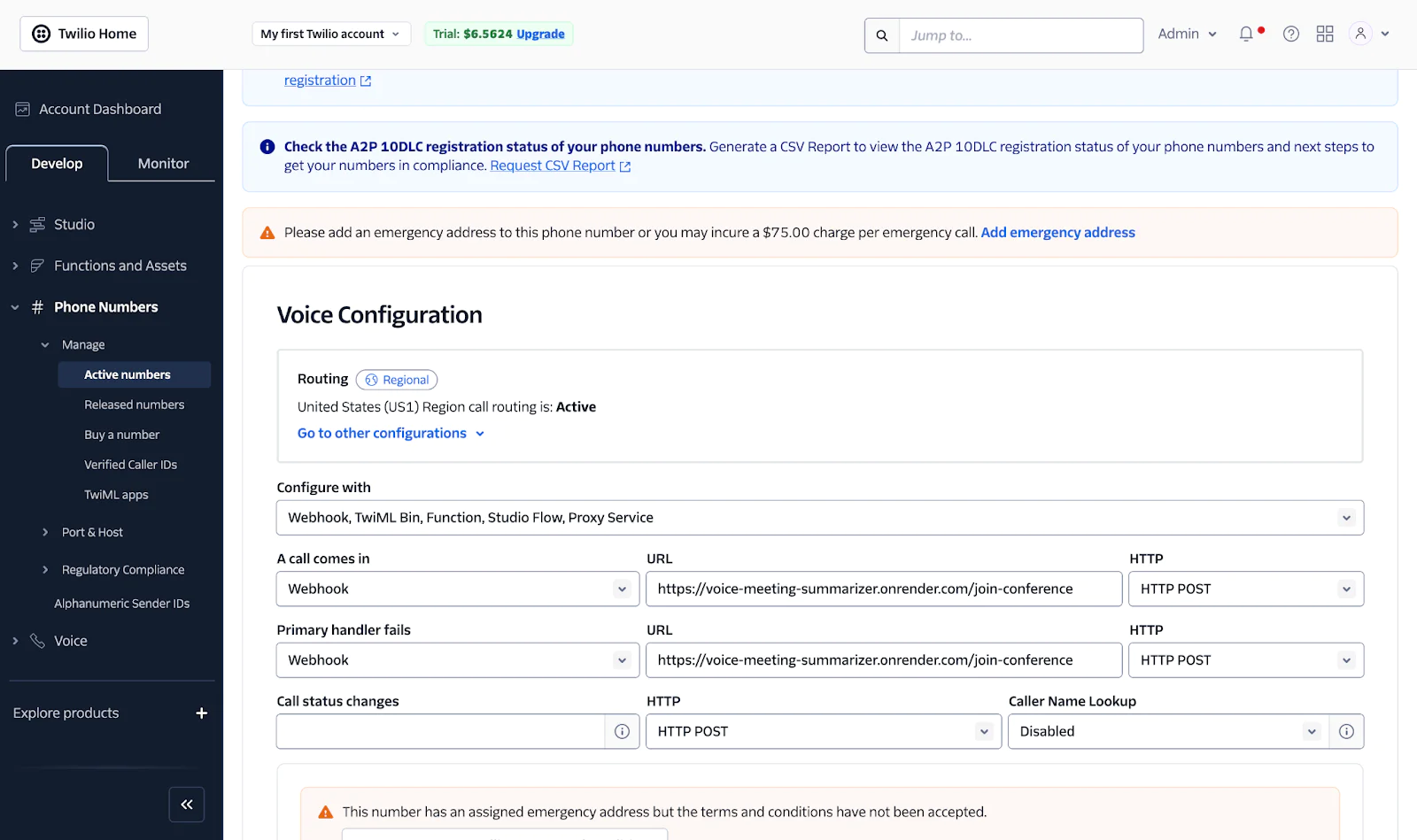 An Image showing how to set webhook URL for a call that comes in for your Twilio Active Number