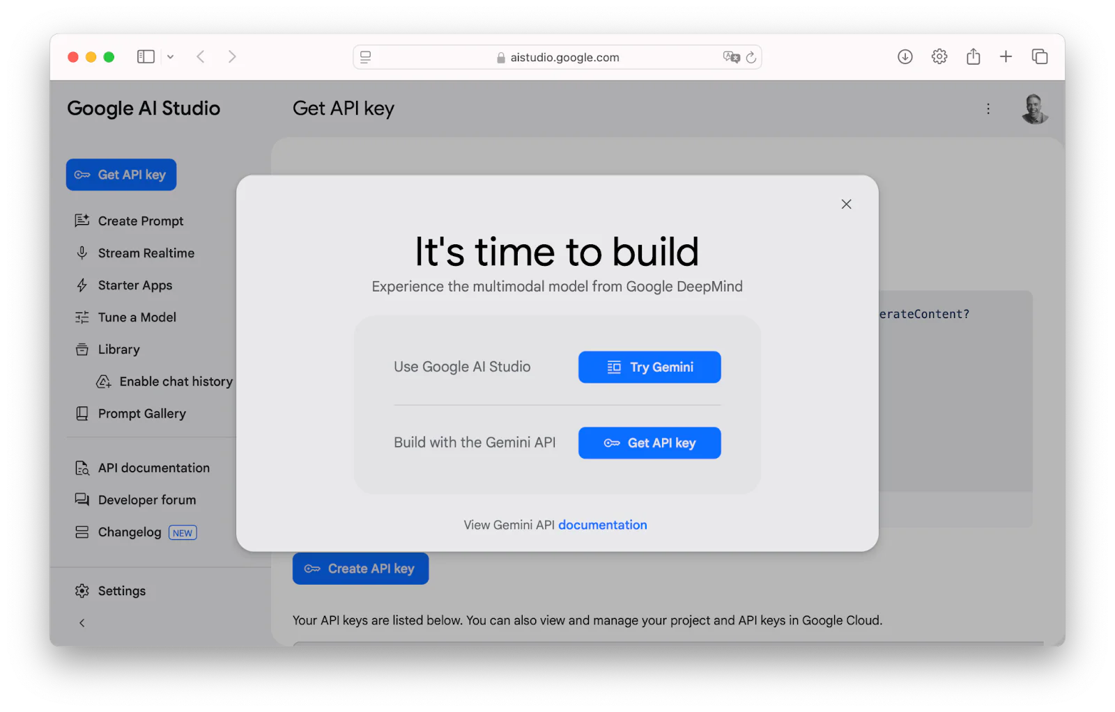 Popup window offering options to use Google AI Studio with the Gemini API key. Popup window offering options to use Google AI Studio with the Gemini API key.
