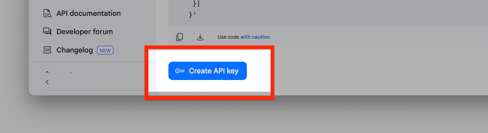 Screenshot highlighting the Create API key button in a developer console interface. Screenshot highlighting the Create API key button in a developer console interface.