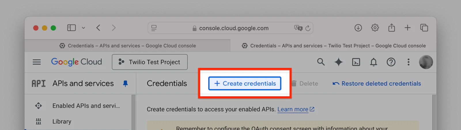 Google Cloud Console page showing Create credentials button highlighted. Google Cloud Console page showing Create credentials button highlighted.