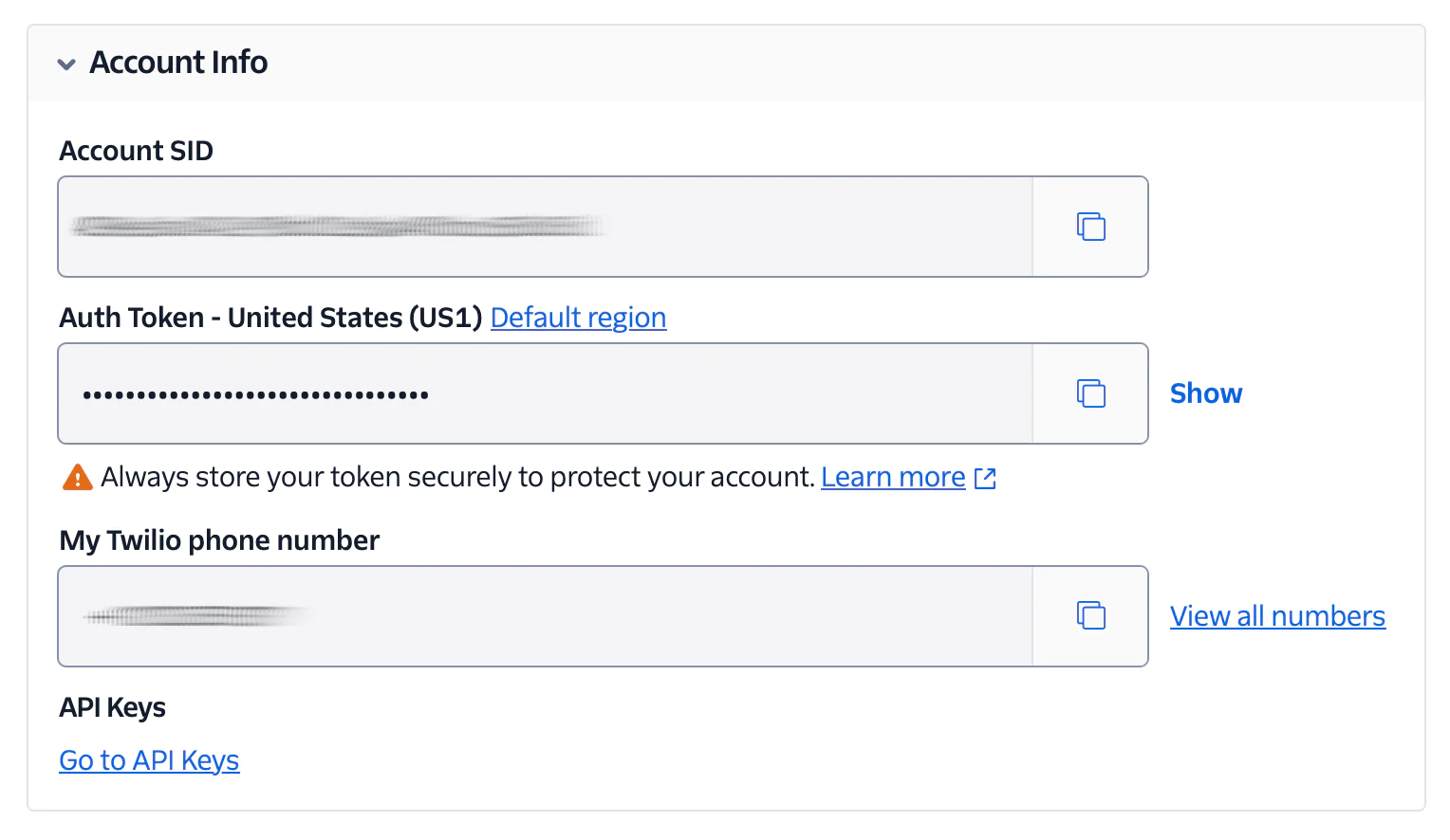Screenshot of Twilio account info showing Account SID, Auth Token, phone numbers, and API keys section. Screenshot of Twilio account info showing Account SID, Auth Token, phone numbers, and API keys section.